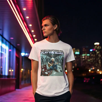 Graphic Tee - Surreal Digital Artwork with Modernized Albert Einstein Playing Electric Guitar and Humanoid Robots - Resistance Against